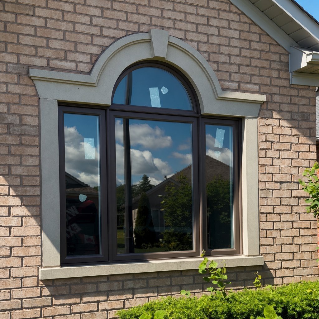 Same Burlington arched window after replacement with new dark-frame units