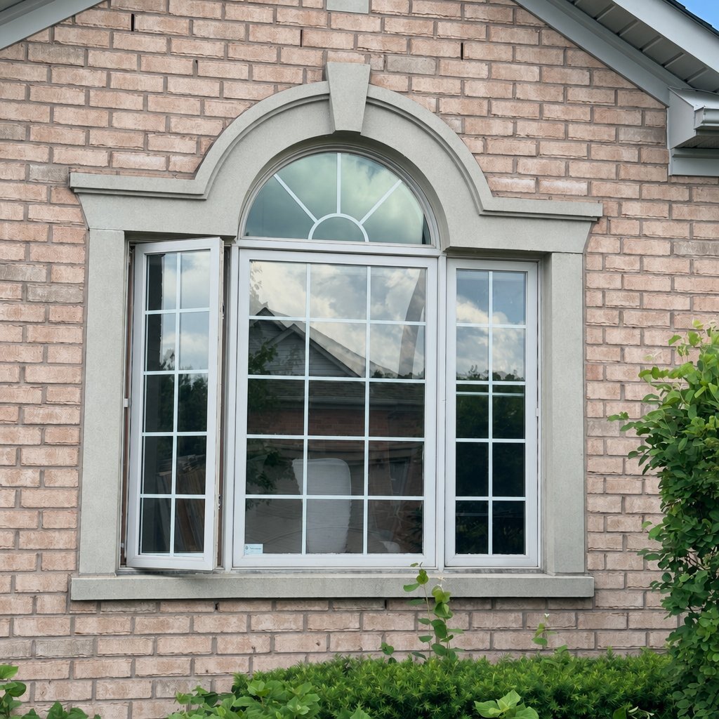 Burlington arched window before replacement: white casement units with grilles in a brick wall