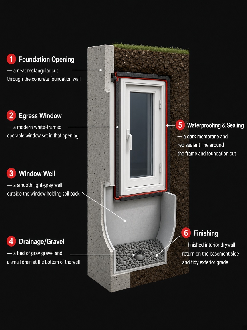 Cross-section of a basement egress installation: foundation opening, egress window, window well, drainage and gravel, waterproofing and sealing, and finishing.