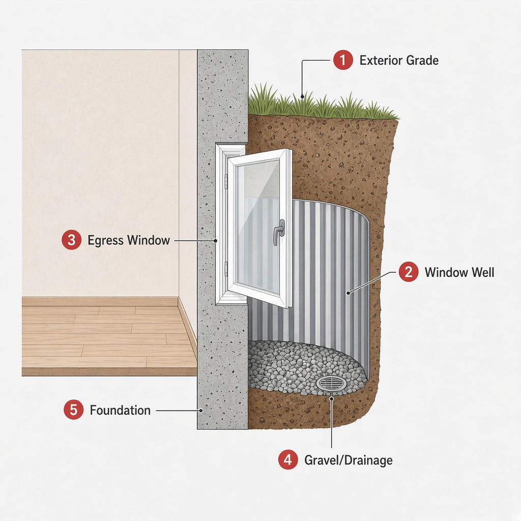 Cross-section of a basement window well: exterior grade, window well, egress window, gravel and drainage, and foundation.