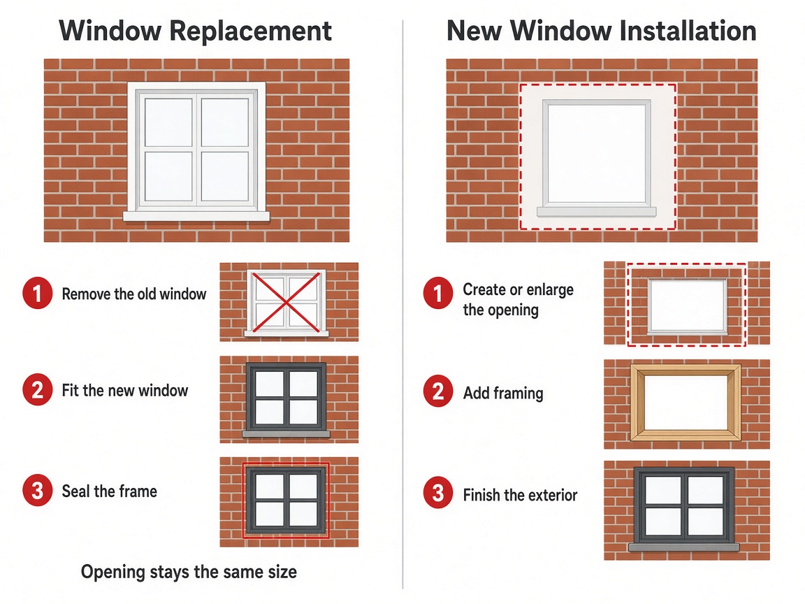 Diagram comparing window replacement in the same opening with new installation that enlarges the opening, adds framing, and finishes the exterior