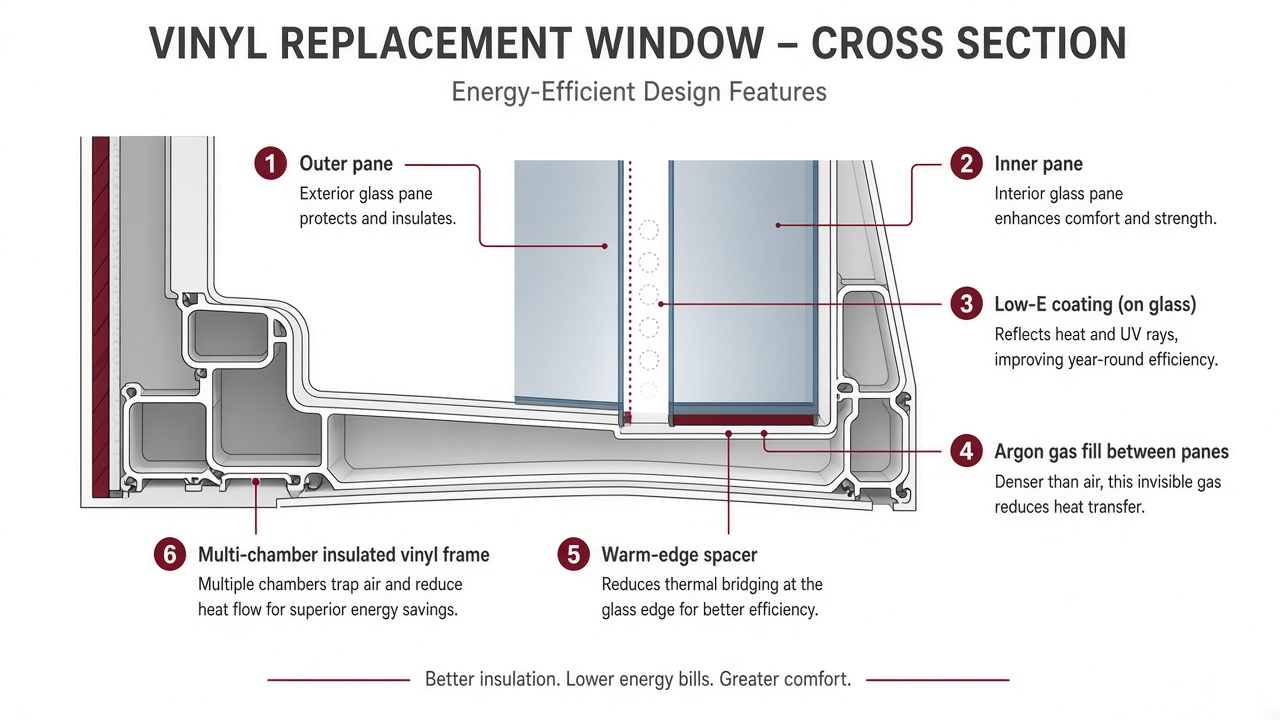 Labelled window cross-section diagram showing glass panes, Low-E coating, argon-filled gap, spacer and insulated vinyl frame