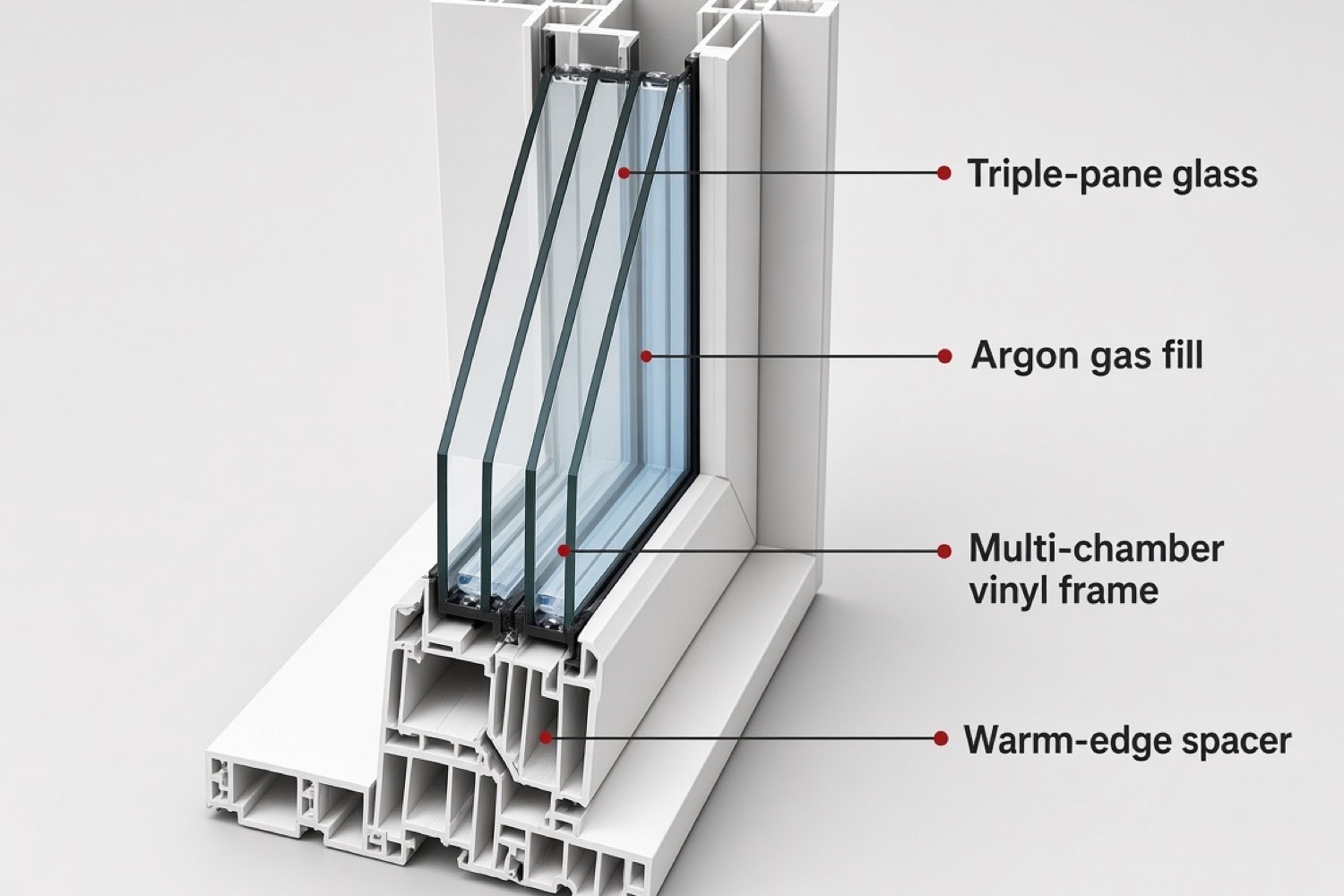 Infographic cutaway of a triple-pane vinyl window frame showing insulating glass layers and frame chambers