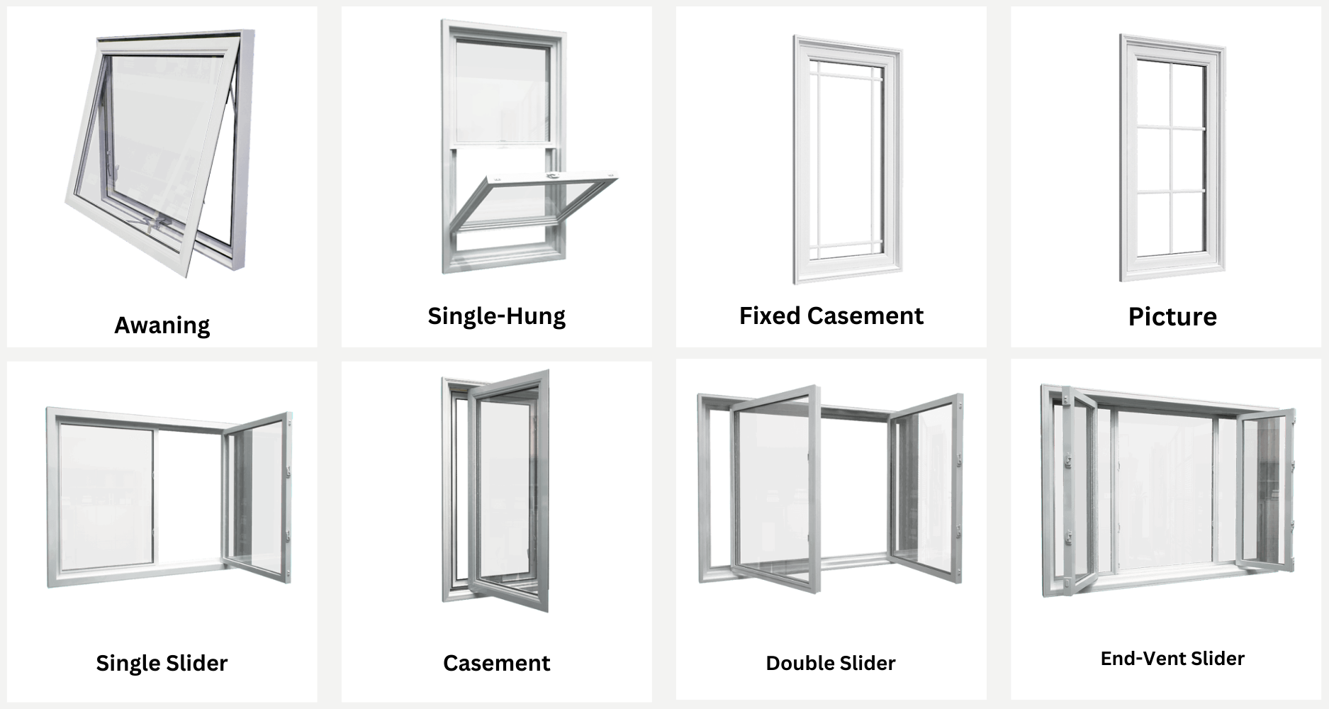 Window styles: Awning, Single-Hung, Fixed Casement, Picture, Single Slider, Casement, Double Slider, End-Vent Slider