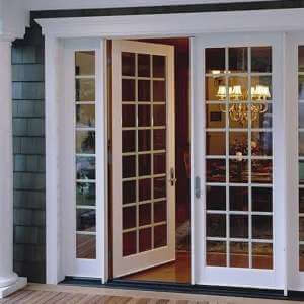 French patio doors with white multi-pane glass panels, one door open to interior